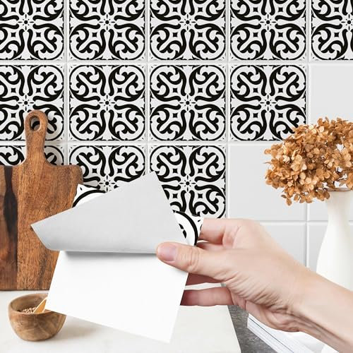 Muralo - Fliesenaufkleber Klebefliesen Selbstklebende Fliesen für Küche Bad Möbel Schrank Wand Mosaikfliesen Küchenruckwand - Schwarze und weiße Ornamente Motiv - 24 Stück 25x25 (150x100cm)