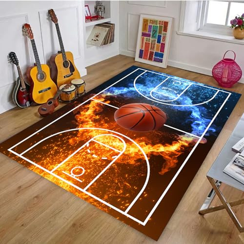 Osimiccp Basketball-Teppich für Jungen-Schlafzimmer, 1,8 x 2,9 m, rutschfester Basketballplatz-Teppich, feuerbedruckter Sportteppich für Wohnzimmer und Spielzimmer