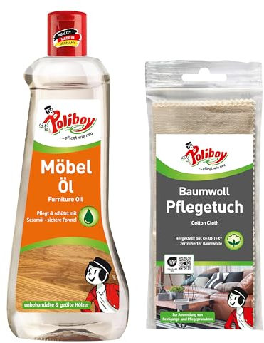 POLIBOY Möbel Öl - Nährendes Holzpflegemittel für Holzmöbel - Farbloses Holzöl - 1x 500 ml - Mit Baumwolltuch - Made in Germany