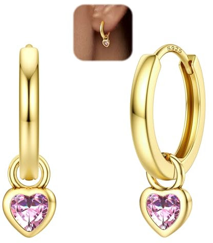 LOLIAS Silber 925 Creolen für Damen und Mädchen - Huggie Ohrringe Mit Herz Klein Gold Mit Anhänger - Hypoallergene Kinder Ohrringe