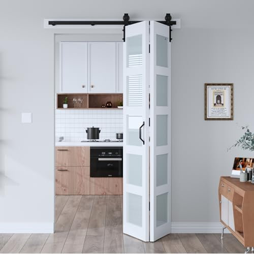EaseLife Porte de grange coulissante à deux volets avec kit de matériel inclus, dalle en bois MDF massif recouverte d'une surface en PVC imperméable, panneau en verre dépoli de 121,9 x 213,4 cm