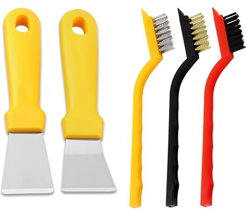 JXPXJMY 5 Pezzi Set di Strumenti per la Pulizia, Inclusi 2 Raschietti e 3 Spazzole, Raschietto Multifunzionale in Acciaio Inox con Pietra Affilata per Pentole Forno e Scarico a Pavimento (Giallo)