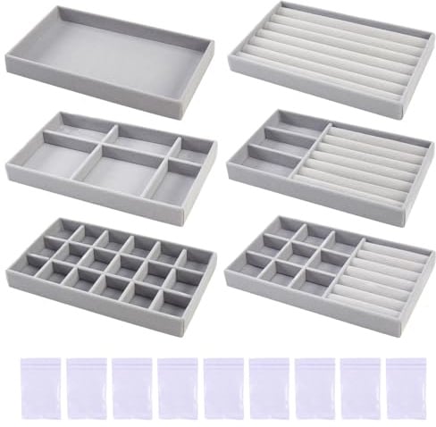 VEGCOO 6-teiliges Schmuckaufbewahrung Set, Schmucktablett Organizer, Grau Samt Schmucktablett, Stapelbar Schmuck Organizer Schublade für Halsketten, Ringe, Ohrringe