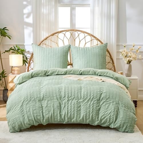 Simple&Opulence Seersucker Bettwäsche 135x200cm, Weiche Wende Bettwäsche Set aus Mikrofaser, Gestreift Muster Bettbezug und 1 Kissenbezug 80x80cm, Grün