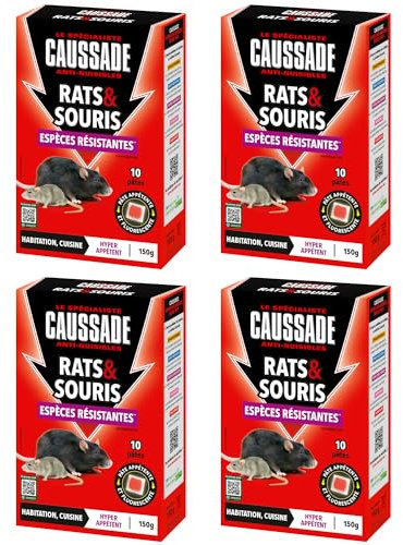 CAUSSADE Anti Rats & Souris - Efficacité Radicale - Lieux Secs & Humides - 40 Sachets Pâtes Fluorescents- Prêt à l'emploi - Une Ingestion Suffit - Fabriqué en France - 4x150g CARSPTFLUO150X4