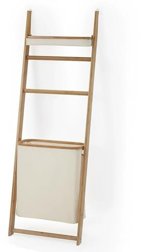 Aufbewahrungskorb aus Holz mit Herausnehmbarem Korb für Schmutzwäsche, Handtuchhalter mit Wäschekorb, Dekoratives Leiterregal zur Wandmontage