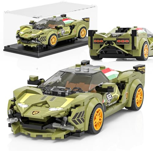 Mould King 27003 Klemmbausteine Rennauto mit Acryl-Vitrine, 333 Teile | Olivgrüne Karosserie, goldfarbene Felgen, breites Cockpit, markantes Heckelement