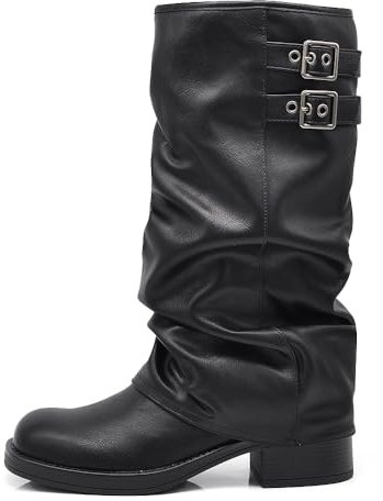 IF Stivali al Ginocchio Donna in Ecopelle Nera con Fibbia Laterale Stile Retro Robin, Design Arricciato Tacco Basso Comodo MP730-1 Nero N.40