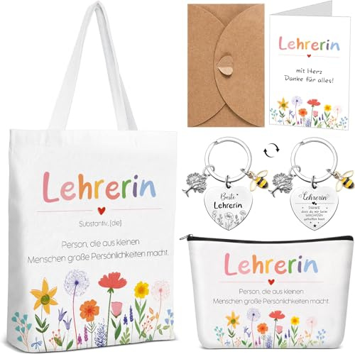 Happirra Dankeschön Geschenke Abschiedsgeschenk Lehrerin, Lehrerin Geschenk Set – Baumwolltasche + Kosmetiktasche + Schlüsselanhänger + Karte, zum Abschluss Abschied Weihnachten Lehrertag Geburtstag