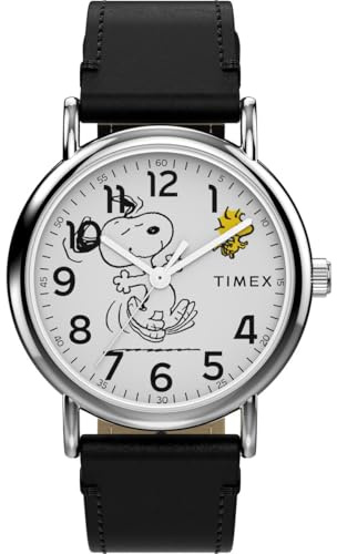 Timex Men's Peanuts x Weekender Snoopy Dancing 38 mm Watch - Black Leather Strap with White Dial and Silver-Tone Case TW2Y31000