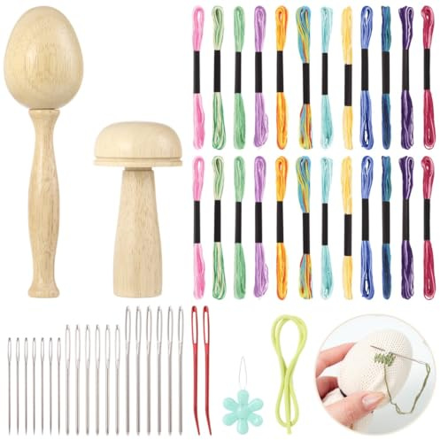 Tressify Sewing Set For Clothes Carpets Socks, Rainbow Sewing Threads, Large-Eye Needles, Diy Handicraft Darning Supplies Kit, Embroidery With Darning Egg And Mushroom