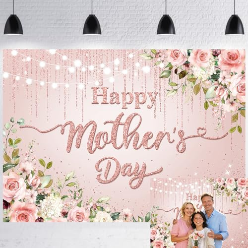 LTDKAEN 7×5Ft Happy Mother's Day Backdrop Rose Gold Dots Flowers Mother's Day Photography Background Love Mom Party Decoration Photo Booth Props
