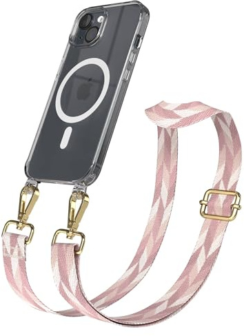 EAZY CASE Handykette - Verstellbares Taschenband kompatibel mit iPhone 15, Schulterriemen, Handykordel mit Silikon Hülle, Qi Charging kompatibel, Umhängetasche, Rosa Mix Gold