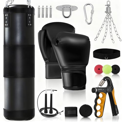 Boxsack Set für Erwachsene, 120cm Schwerer Boxsack mit 12oz Boxhandschuhen, Handbandagen, Springseil & Reflexball – Komplettes Trainingsequipment für Boxen, MMA, Kickboxen und Fitness zu Hause