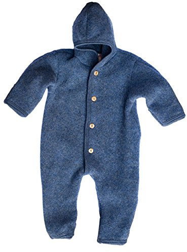 Engel Overall mit Kapuze, 100% Schurwolle Fleece, Natur, Gr. 50/56-86/92, 4 Farben (86/92, Blau Melange)