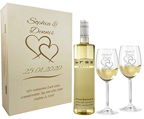 laser-diele Geschenk zur Hochzeit – Wein Geschenksets – Weinglas mit Gravur – Geschenke für Paare – Weißwein – Zwei Herzen