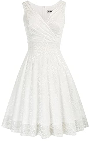 GRACE KARIN 50s Retro A-line Dress Women Vintage Swing Sleeveless V-Neck Cocktail Dress L Lace White
