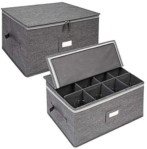 Stemware Storage Containers (2 Pack), Wine Glass Storage Box with Dividers for Glassware or Crystal, Holds 12 Red or White Wine Glasses, Hard Top and Stackable (Grey)