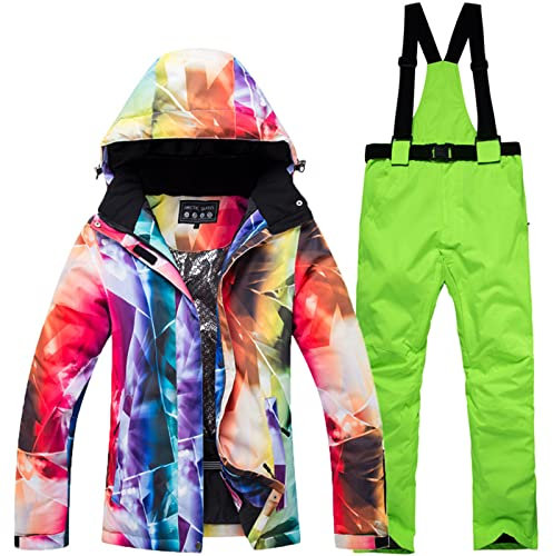WYOUTDOOR Skianzug für Damen, Winterjacke und Skihose, bunt, Snowboard, Jacke und Hose mit Trägern, wasserdicht, mit Kapuze, Schneeanzug, Grün, XXL