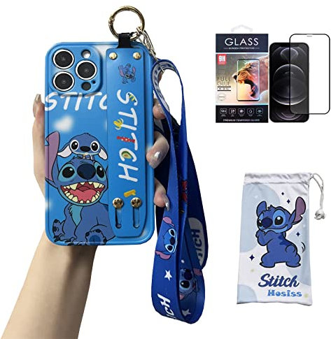 Hosiss Cartoon Case for iPhone 14 Pro 6.1'' with HD Screen Protector, Stitch Upgraded Wrist Strap Band Adjustable Lanyard TPU Shockproof Protective Phone Case for Women Girls