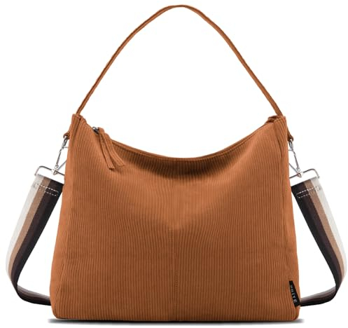 Prite Tote Bag Handtasche Damen Umhängetasche Cord Shopper Tasche mit Reißverschluss und Gurt für Arbeit Uni Schule Reise (Braun)