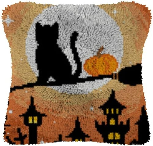 ANALTIRCE Halloween-Knüpf-Kits, Kissen – Knotenkissen-Paket, Knüpf-Set, Kissen-Kissenbezug-Set Für Handarbeiten, DIY-Halloween-Balck-Katze-Kürbis-Muster, Wie Abgebildet, 17 X 17 Zoll/43 X 43 cm