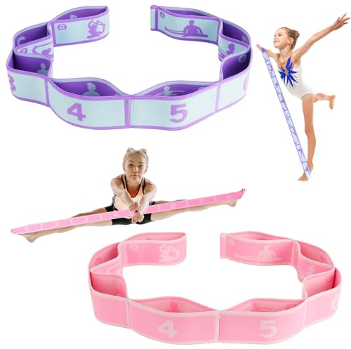 Zuimei 2Pcs Stretching Bands Gymnastics Stretch Band Yoga Straps with 8 Adjustable Loops for Stretching, Leg Stretcher Strap Yoga Pull Strap Flexstrap for Pilates, Dance, Gymnastics, Pink, Purple