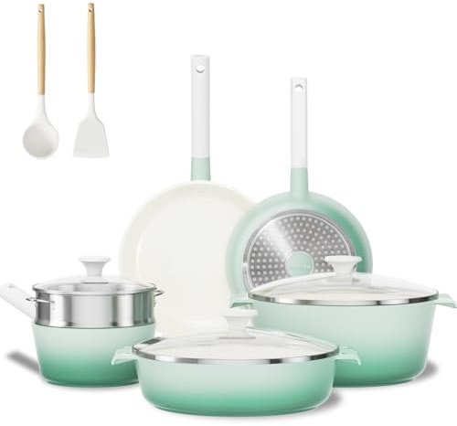 JEETEE Keramik Töpfe und Pfannen Set Antihaft 16-Teilig, Antihaft Bratpfanne 24/28, Sauté Pan Kochtopf mit Deckel und Dampfgarer, Topf Induktion, Antihaft Pfanneset (GRÜN)