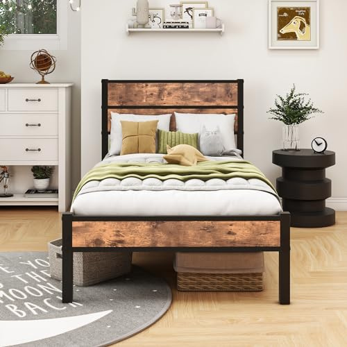 HOMERECOMMEND Metallbett 90x200 Bettgestell mit Lattenrost mit Holz Kopfteil und Fußteil Heavy Duty Metall Plattform Bettrahmen Bettgestell 90 x 200 cm,Schwarz+Braun