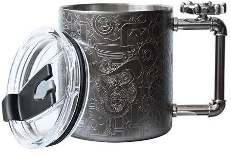 SKY FISH Novelty Coffee Mug, 3D Embossed Stainless Steel Camping Coffee Cup, Double Walled Office Gift Mugs, Novelty Drinking Glasses with Rotating Gyro Handle, Including Lid and Straw (Grey, 600ml)