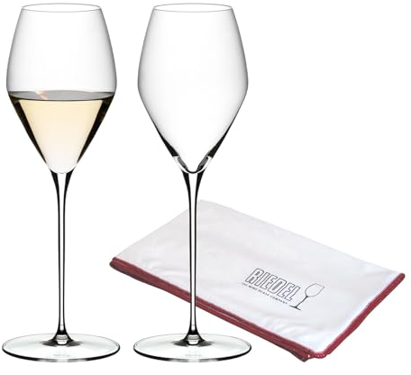 RIEDEL Veloce Sauvignon Blanc Weingläser 2er Set, 347 ml, Weißweingläser-Set mit Mikrofaser-Poliertuch (50 x 64 cm), Kristallglas