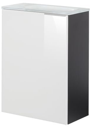 FACKELMANN Kara Gäste-WC Set 3 Teile – Waschtischunterschrank in Anthrazit mit Glasfront Weiß mit Waschbecken aus Glas in Weiß – SBC Waschbecken beleuchtet – Türanschlag Links – 45 cm breit