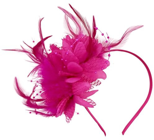 Ladies Fascinator Wedding Hat,Headdress Feather Mesh Hair Accessories Faux Flowers Head Flowers Retro Fascinators Hat Flower Mesh Ribbons Feathers On A Headband Wedding Prom Women Girls(Rosy)