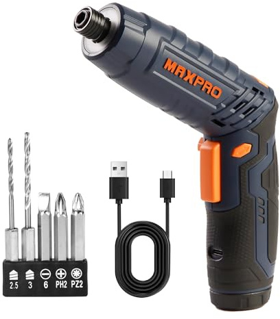MAXPRO Tournevis sans Fil 3.6V avec Couple de 5.0 N.m, 250 tr/min, Batterie 1.3Ah, Mandrin Rapide 6.35mm, LED d'Éclairage et Indicateur de Batterie pour Bricolage et Réparations Domestiques