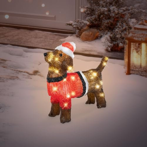 ECD Germany LED Weihnachten Hund Dackel mit Mütze und Pullover, 37x34 cm, Gartenfigur mit 40 warmweißen LEDs, IP44, Innen-Außen, Acryl Hundefigur, Weihnachtsfigur Weihnachtsbeleuchtung Weihnachtsdeko
