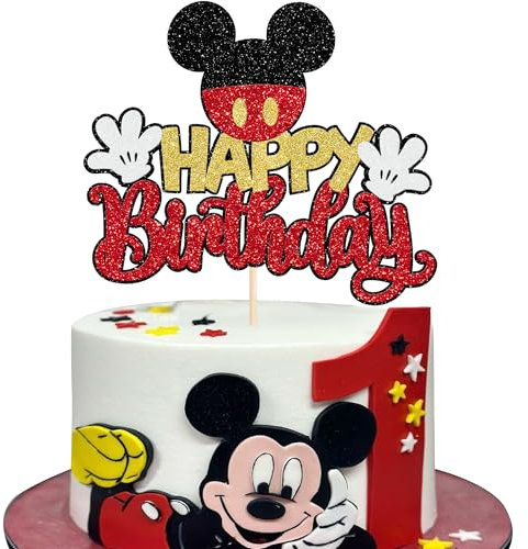 1 Stück Maus Happy Birthday Tortendeko Glitzer Weiße Handschuhe Maus Inspiriert Kuchen Deko Mouse Inspired Cake Topper für Baby Dusche Kinder Geburtstag Party Kuchen Dekorationen Rot