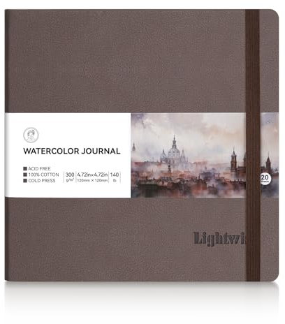Lightwish Quadratisches Aquarell-Tagebuch, 100% Baumwolle, kaltgepresst, kleines Aquarellpapier, Skizzenbuch, 12 x 12 cm, 20 Blatt (300 g/m²), säurefrei, für Aquarell, Gouache, Acryl