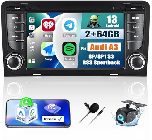 【2+64GB】 Android 13 Carplay Autoradio mit Navi für Audi A3 8P/8P1 S3 RS3 Sportback,7 Zoll Touchscreen Auto Radio mit GPS Android Auto FM/RDS EQ Bluetooth SWC USB+AHD Rückfahrkamera&MIC