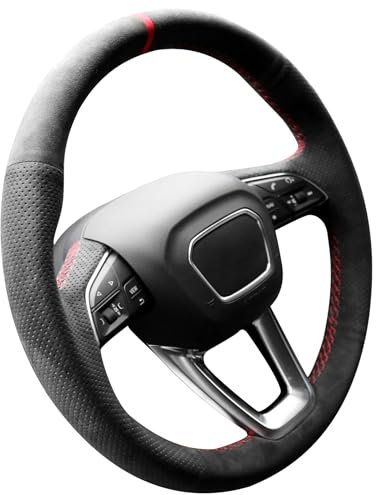 Alfanxi Handgenähter Lenkradbezug, passend für Alcantara-Material für Audi A4 Allroad Q3 Q5 SQ5 Sportback Q7 SQ7 Q8 SQ8 (rote Streifen)