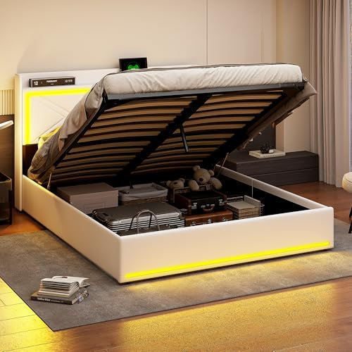 Lit Coffre LED 160x200 cm avec Rangement, Lit Double avec Espace de Rangement et hydraulique, Tissu en PU, Blanc (sans Matelas)