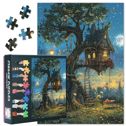Fantasy Jigsaw Puzzles 1000 Pieces, Fairy Tale House in the Forest at Night Puzzle for Adults 1000 Pieces, Tree House Puzzles, 19.5 x 27.5 Inch