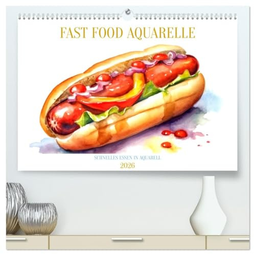 FAST FOOD AQUARELLE (hochwertiger Premium Wandkalender 2026 DIN A2 quer), Kunstdruck in Hochglanz: Kunstvoll schnelles Essen mit Wasserfarben (CALVENDO Lifestyle)