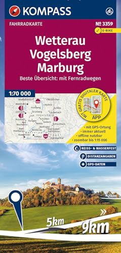 KOMPASS Fahrradkarte 3359 Wetterau, Vogelsberg, Marburg 1:70.000: reiß- und wetterfest