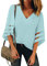 Roskiky Frauen Bluse, 3/4 Glocken Ärmel mit Netzstoff am Ärmel Hellblau XX-Large