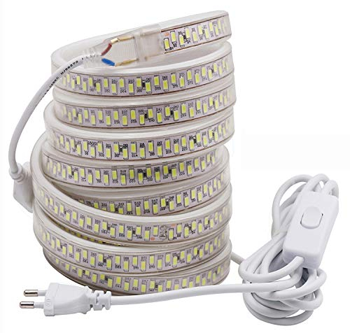 FOLGEMIR 5m LED Band mit Schalter - Kalt Weiß, 220V 230V Strip, 5630 SMD 180 Leds/m Streifen, sehr helle Beleuchtung, IP65 wasserdicht