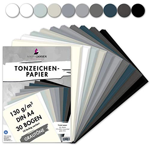 MarpaJansen Tonzeichenpapier Grautöne Mix, 10 Farben, DIN A4, 30 Bogen, 130 g/qm, Blauer Engel zertifiziert