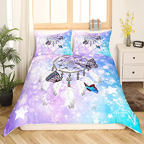 Mädchen Traumfänger Bettwäsche Set 155x220cm für Kinder Frauen Blau Lila Gradient Bettbezug Set Traumhaft Sternenklarer Himmel Traumfänger Betten Set 100% Mikrofaser Bettwäsche mit 1 Kissenbezug