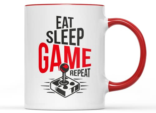 Eat Sleep Game Repeat Mug - Boys Men Teens Video Gamer Gaming Nerdy Gifts Birthday Christmas Ideas 11oz Ceramic Heavy Duty Handle Dishwasher Microwave Safe (Red Handle Prime)