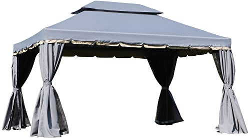 Outsunny Cenador de Jardín 4x3 m Gazebo de Aluminio con Techo de Ventilación 4 Cortinas Laterales 4 Mosquiteras y 8 Orificios de Drenaje para Fiestas Eventos Exterior Gris