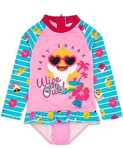 Baby Shark Swimsuit for Girls | Baby Toddlers Pink Blue Mommy Daddy Grandma Grandpa Shark Family Song Swimming Costume | Long Sleeve with Frill Skirt
